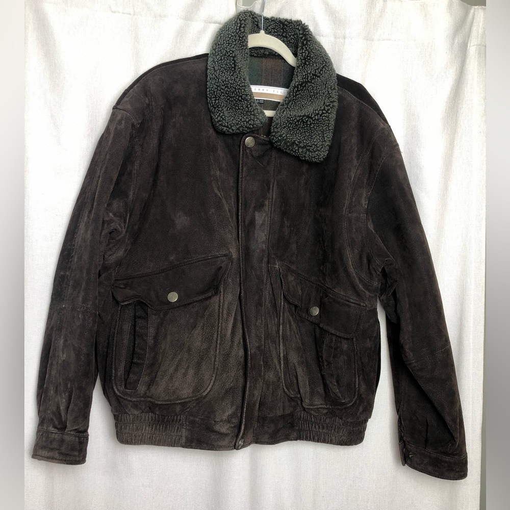Perry Ellis Mens Brown Suede Leather Bomber Jacket XL Sherpa Collar Plaid Lined